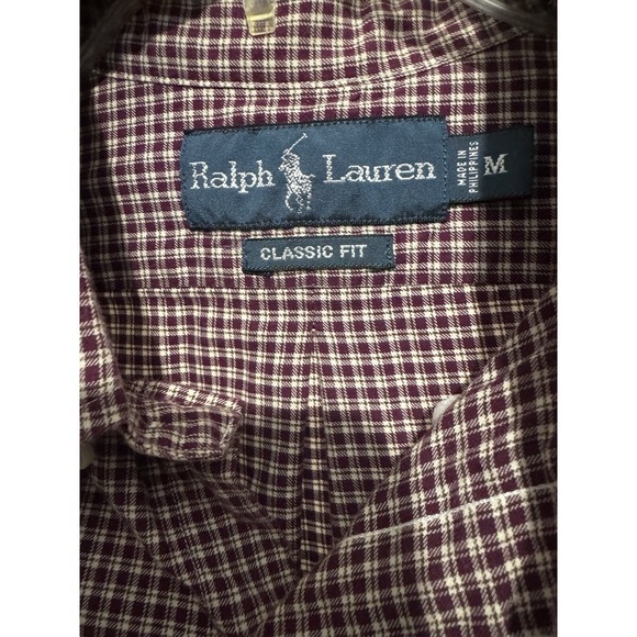 Ralph Lauren Mens Classic Fit Burgundy White Check Button Down Shirt Size M - Picture 3 of 4